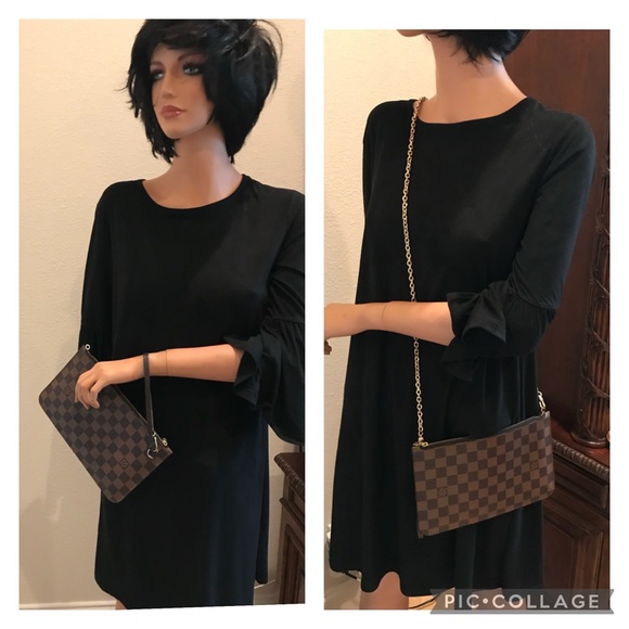 Sold!❤️   Louis Vuitton Neverfull Pouch Mm GM  Damier Ebene w/Crossbody Hardware - Picture 3 of 16